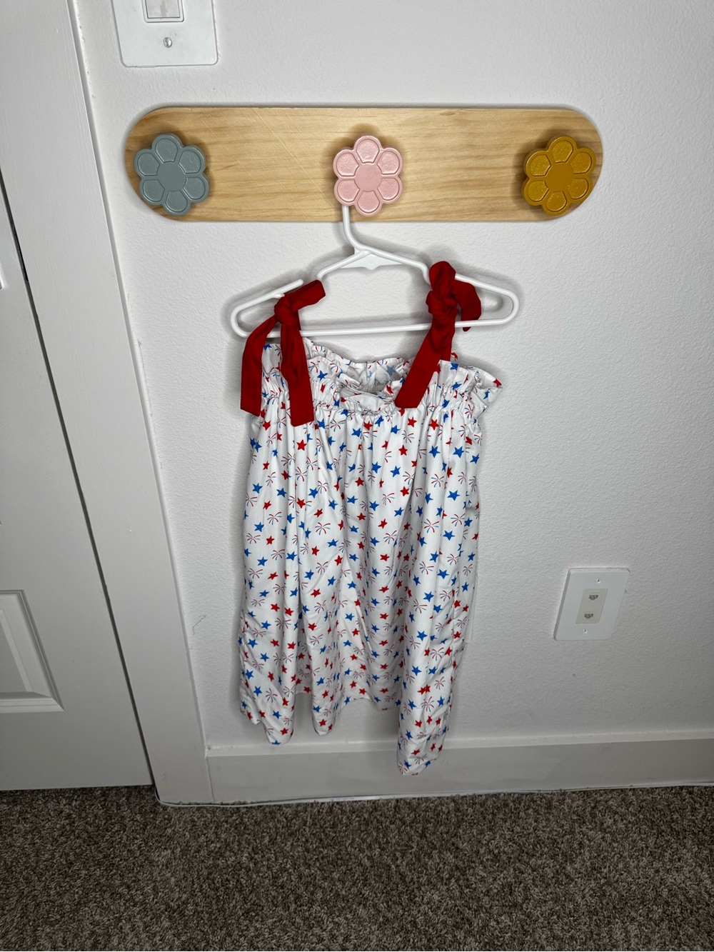 Girls White Star-Print Smocked Romper with Red Straps - Picture 3 of 3